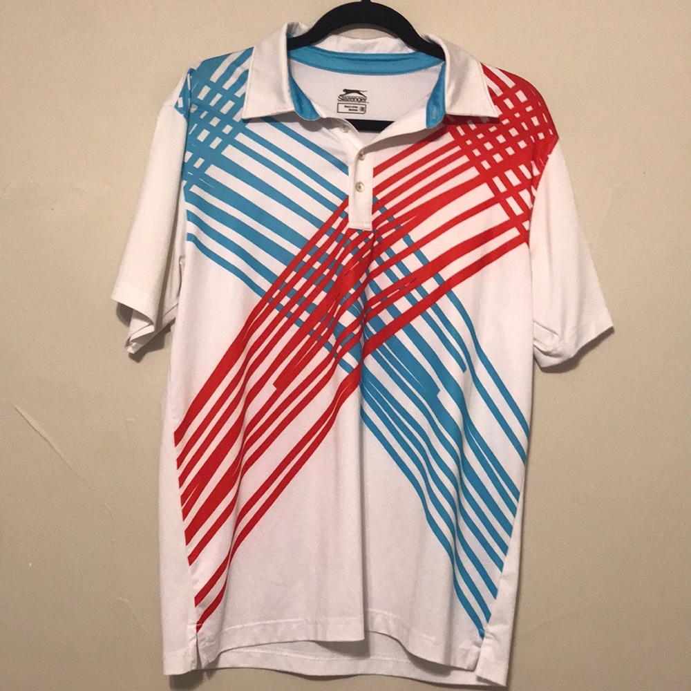 Men’s white medium multi colored polo tee